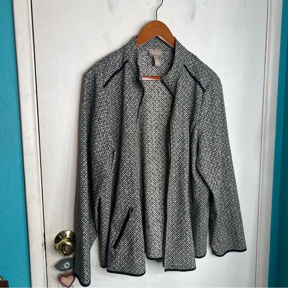 Womens Jacket-CHICO'S-black/white "Geneva Geometric" zip-up - Picture 1 of 9